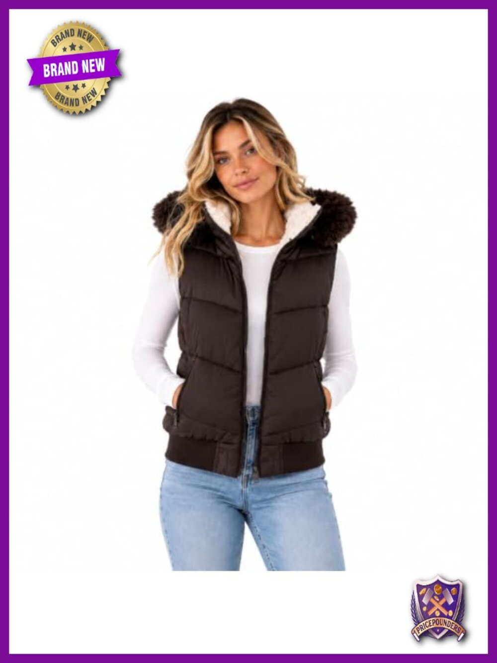 Women's Quilted Puffer Vest Faux Fur Hood Sleeveless Zip Jacket